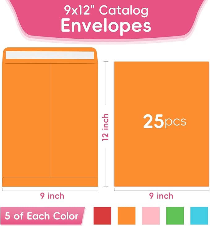 25 Pack Colored Mailing Envelopes, 9 x 12 Inches Self-Seal Colorful Manilla Envelopes for Mailing, Organize, storage, Home, Office Business