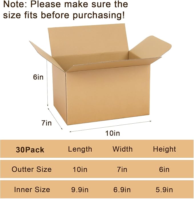 10x7x6 Inches Shipping Boxes Medium 30 Pack, Brown Corrugated Cardboard Boxes for Packaging Small Business Mailing