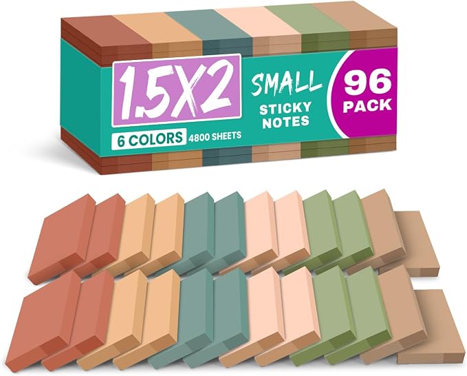 Taja 96 Pads Sticky Notes, 1.5"x2" Inches Mini Sticky Notes Pads, Vintage | Bulk Small Sticky Notes for Quick Reminders and Color Coding, Mini Sticky Notes for Office, School and Home Organization