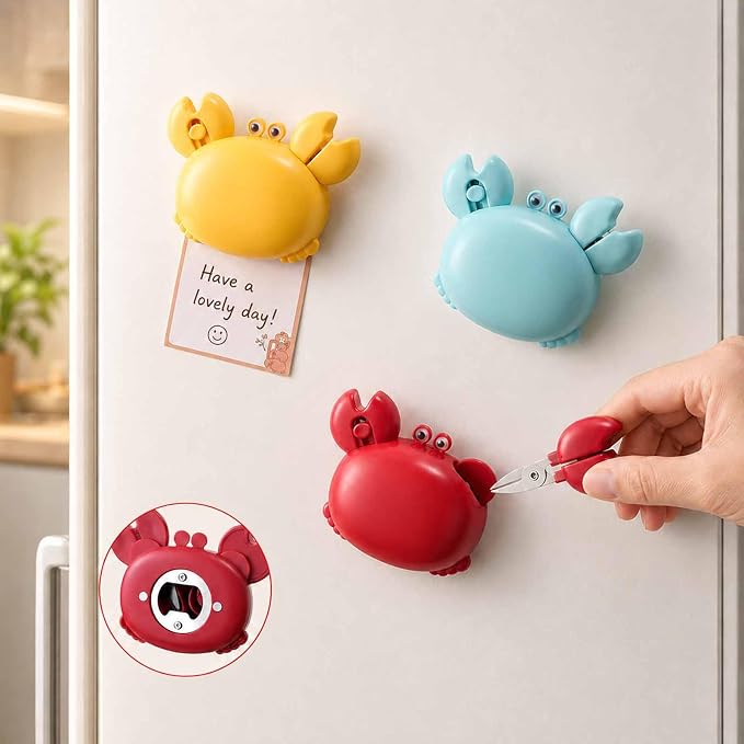 Crab-Shaped 4-in-1 Multi Tool Opener, Magnetic Fridge Magnet, Beer Bottle Opener, Retractable Box Cutter & Mini Scissors, Compact Kitchen Gadget for Home Office (blue)