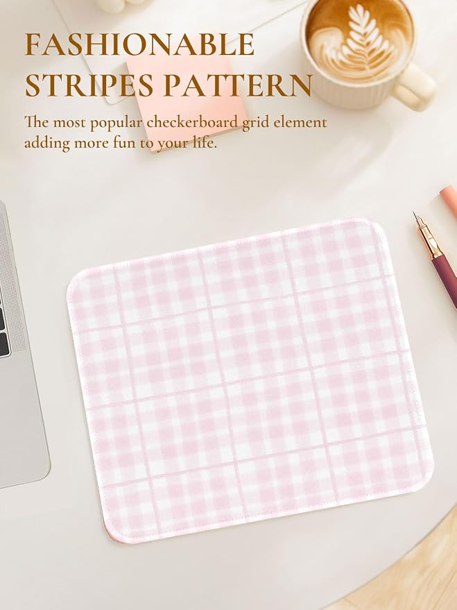 Square Cute Striped Mouse Pad with Stitched Edge, Premium Waterproof Cloth Aesthetic Small Mouse Mat, Non-Slip Rubber Base Simple Funny Mousepad Desk Accessories,Pink Checkerboard