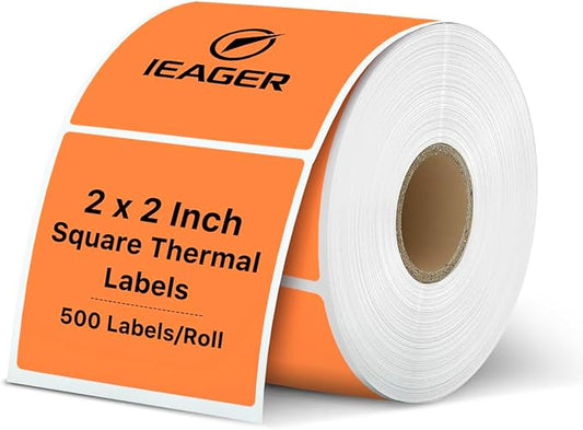 iEager Orange Square Thermal Label Stickers, 2"x2" Self-Adhesive Square Direct Thermal Labels with Perforation Line, 500 Sheets/Roll