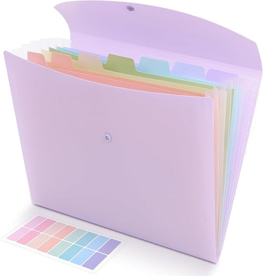 SKYDUE Cute Accordion File Organizer, Expanding File Folder with 8 Pockets, Document Organizer with Colorful Tabs for School, Office, Hospital Tax, Receipts Storage Letter/A4 Size Purple