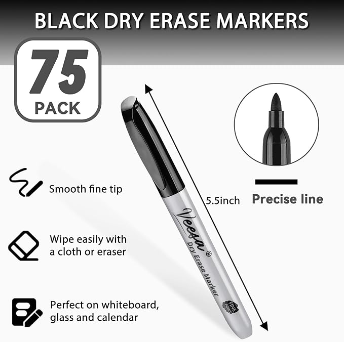 Dry Erase Markers Bulk, Fine Tip, 75 Pack Black Whit Board Dry Erase Markers, Low-odor, School Home & Office Suppllies