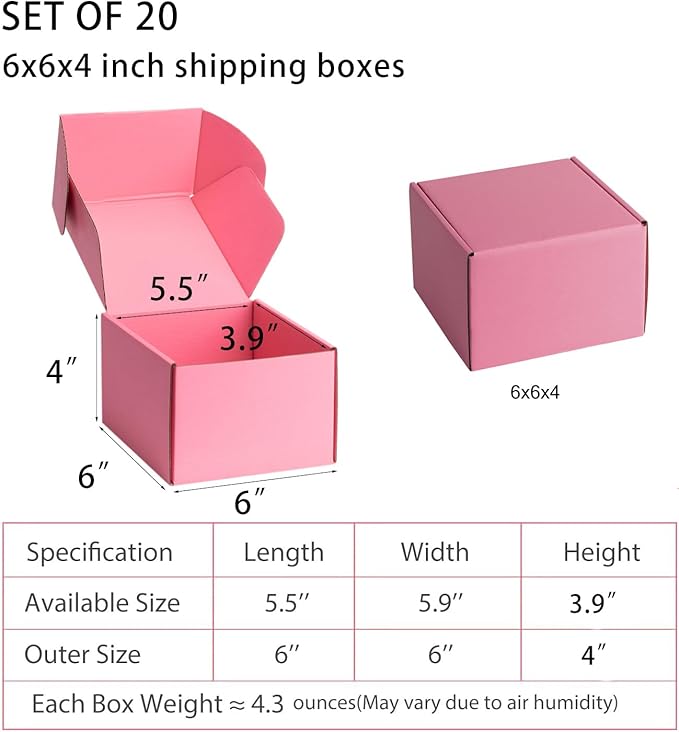Small Shipping Boxes 6x6x4 Inches – Pink Corrugated Cardboard Boxes (20-Pack) for Mailing, Packing, Small Business & Gift Packaging - Recyclable & Sturdy