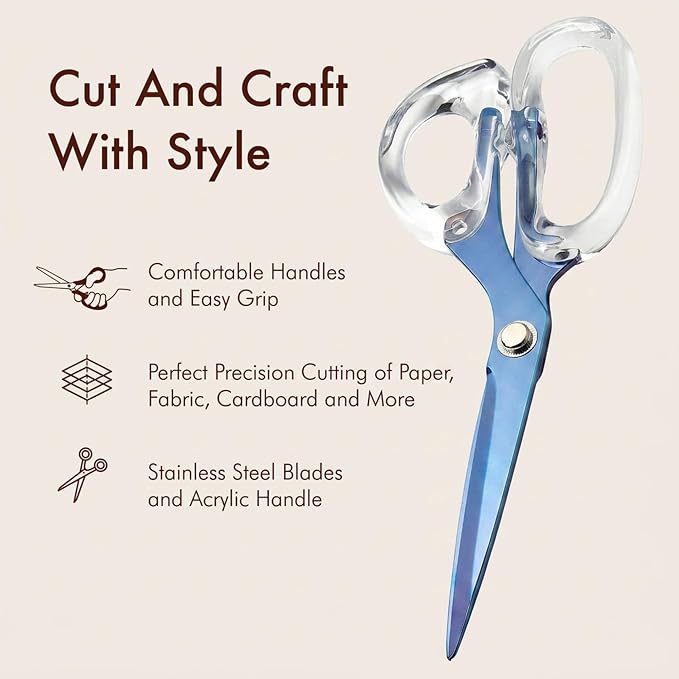9” Stainless Steel Acrylic Scissors, Sapphire | Aesthetic and sharp all purpose scissors, Perfect for sewing, arts, and crafts, Stationery tools for office, and school