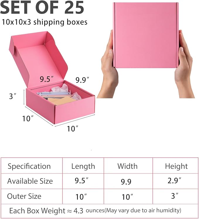 10x10x3 inch Pink Shipping Boxes for Small Business- Set of 25 | Sturdy ECT 32 Corrugated Cardboard Mailer Boxes, Easy Assemble for Packaging, Mailing, Gift