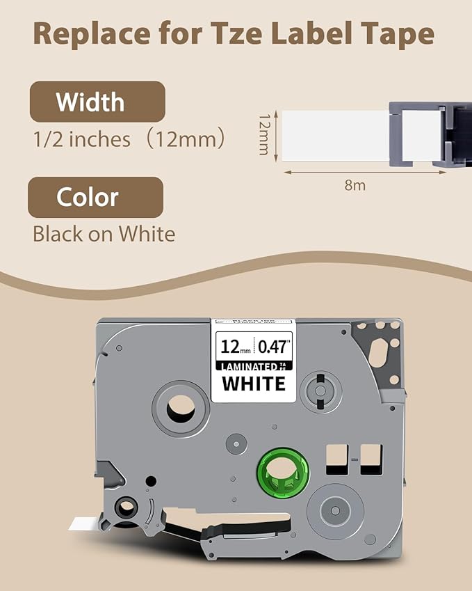 10-Pack TZ-231 Compatible for Brother Tze-231 TZe 12mm Label Maker Tape | 0.47 Laminated White TZ Black on White Refills Work with Brother P-Touch PT-D210 D220 D200 H110 1000 1280 D400, 1/2" x 26.2'