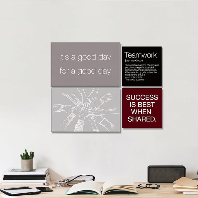 YEOION Red Grey Black Motivational Teamwork Office Wall Decor,Inspirational Team Work Wall Art Canvas Frame Artwork for Office Workplace Breakroom Wall Decor Set of 6