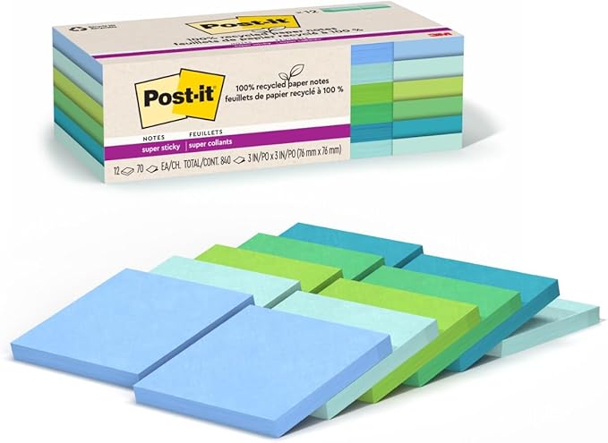 Post-it 100% Recycled Paper Super Sticky Notes, 3 in. x 3 in., 12 Pads, 70 Sheets per Pad, Oasis Collection, School Supplies and Office Products (Pack of 12)