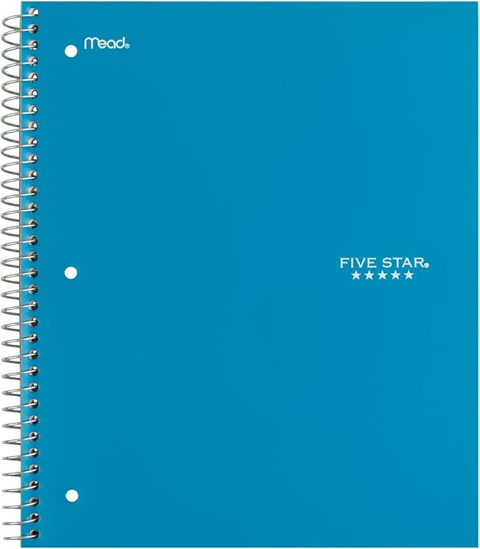 Five Star Spiral Notebook + Study App, 3 Subject, Wide Ruled Paper, 8" x 10-1/2", 150 Sheets, Fights Ink Bleed, Water Resistant Cover, Tidewater Blue (73184)