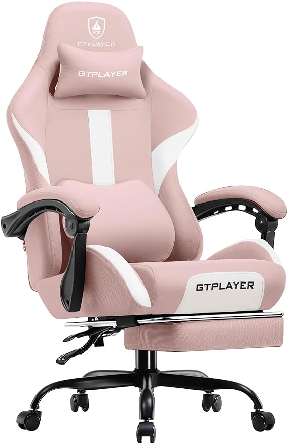 GTPLAYER Gaming Chair with Foot Rest & Pocket Spring Cushion, Breathable Fabric for Home Office Desk, Ergonomic High Back Computer Chair with Headrest & Lumbar Support, Pink