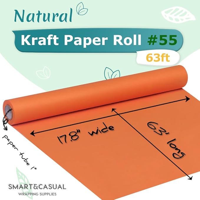 SMART&CASUAL 17.8" x 760" (63') OrangeRed Kraft Craft Paper Roll for Gift Wrapping Bulletin Board Bouquet Flower Kids Art Packing Parcel Table Covering 80GSM 55LB (OrangeRed, 17.8" x 63')