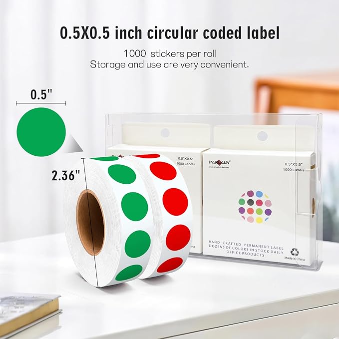 PARLAIM 1/2" Circle Dot Stickers 2 Rolls Pack 2000 Color Coded Labels for Home Commerce Business, Red + Green