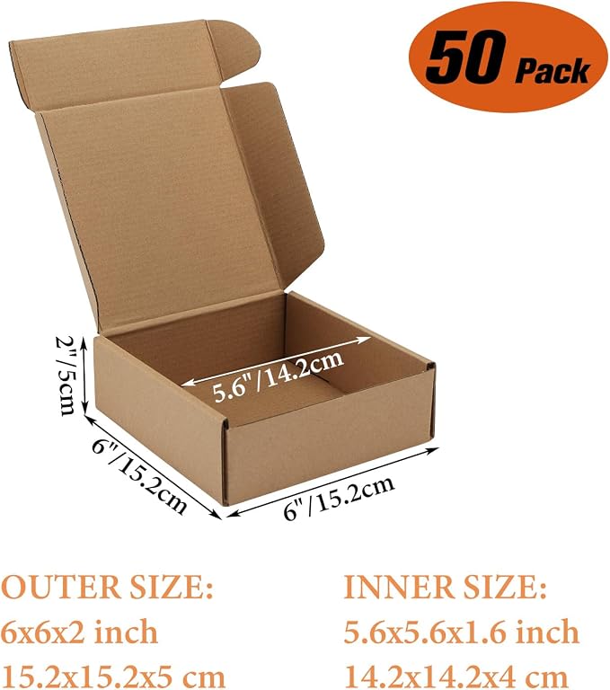 PHAREGE 50 Pack 6x6x2 inch Small Shipping Boxes, Brown Mailing Boxes | Tuck Top, Quick Fold, Easy Assemble, Shape Well, Single Corrugated, DIY Cardboard, Gift Wrap, Small Business Packaging