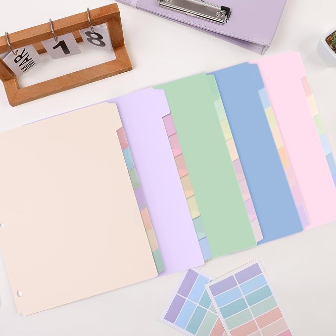 SKYDUE 8 Tab Write & Erase Durable Plastic Dividers for 3 Ring Binders | Letter Size Binder Dividers with Sticker Labels,Aesthetic Pastels Divider Perfect for School, College & Office Life,1 Set