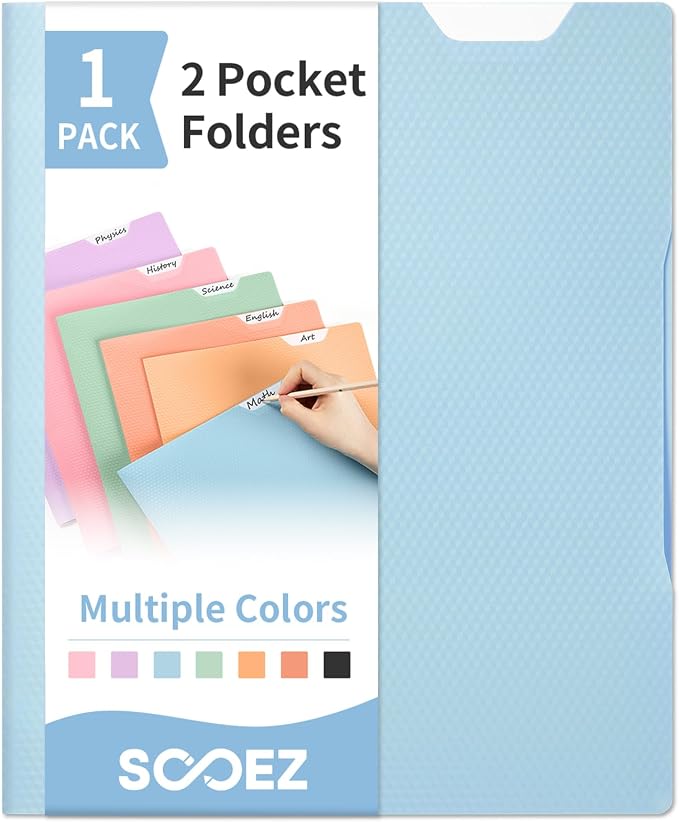 Sooez 1 Pack Plastic Folder, 2-Pocket Folder with Writable Category Label | With Non-Slip Tabs, Fits A4/Letter Size Paper, Heavy-Duty Folders with Pockets for School, Office, Home (Blue)