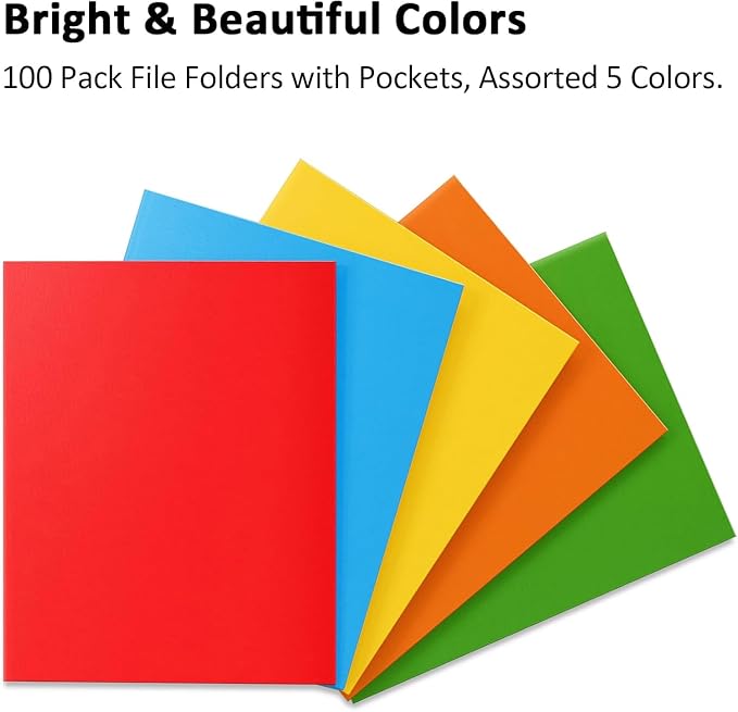 FUCDTEFC 100 Pack Pocket Folders, Folder with Pockets, 5 Assorted Colors Letter Size Heavy Duty 2 Pocket Folders, Paper File Folder for School Office Home Business | Heavy Duty, 2 Pocket Folders, Paper, File Folder, for School Office, Home, Business