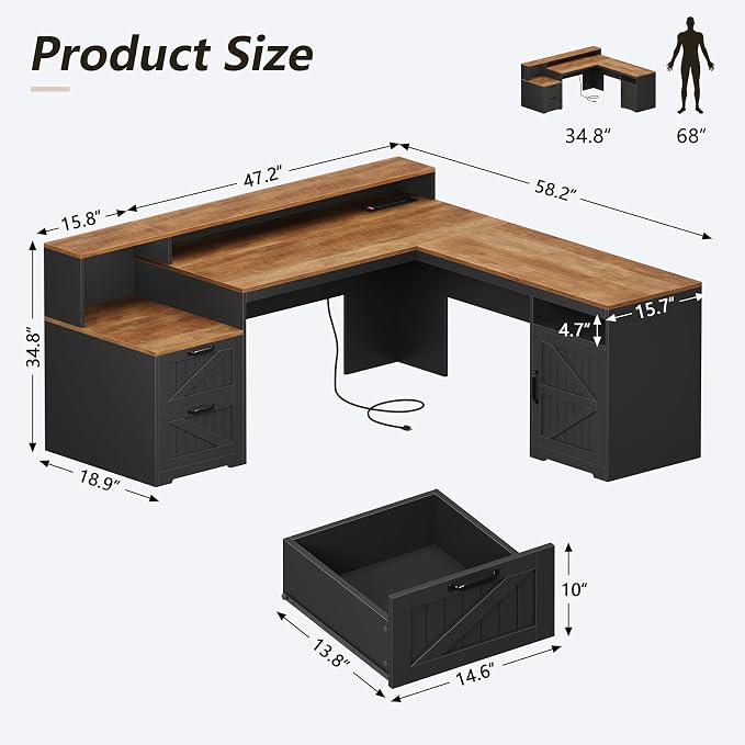 63" Farmhouse L Shaped Desk with Drawers & Printer Shelf for Home Office | Corner Computer Desk with Storage, Power Outlets, L Shaped Office Desk with Monitor Stand, Printer Shelf, Brown & Black