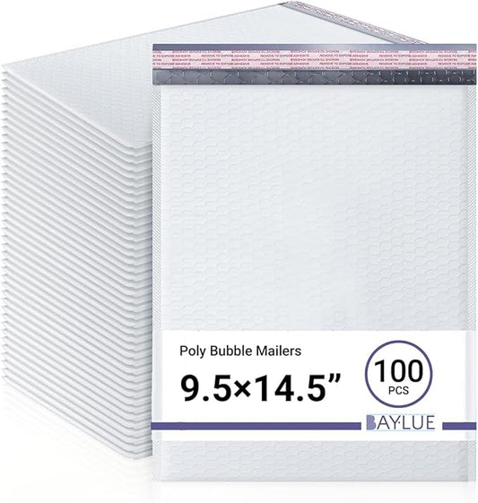 White 9.5x14.5 Inch Poly Bubble Mailers #4 | Self Seal Large Padded Envelopes | Air Cushioned Bubble Mailer | Usable Size 9.5x13 Inch | Waterproof Lightweight Mailing Shipping Bags | 100 Pack Bulk
