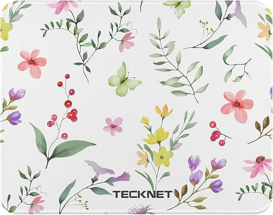 TECKNET Mouse Pad with Anti-fray Stitching, Waterproof Surface & Non-Slip Rubber Base with Stitched Edges Gaming Mouse Mat for Laptop，Compatible with Laser and Optical Mice - Flower