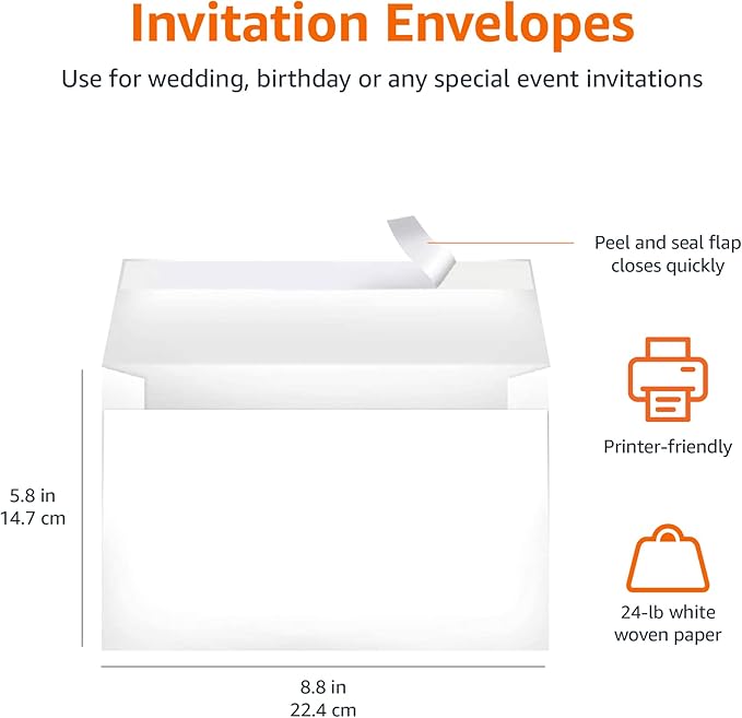 Amazon Basics A9 Blank Invitation Mailing Envelopes, Peel & Seal, No Licking, 5-3/4 x 8-3/4 Inches, White, Pack of 100