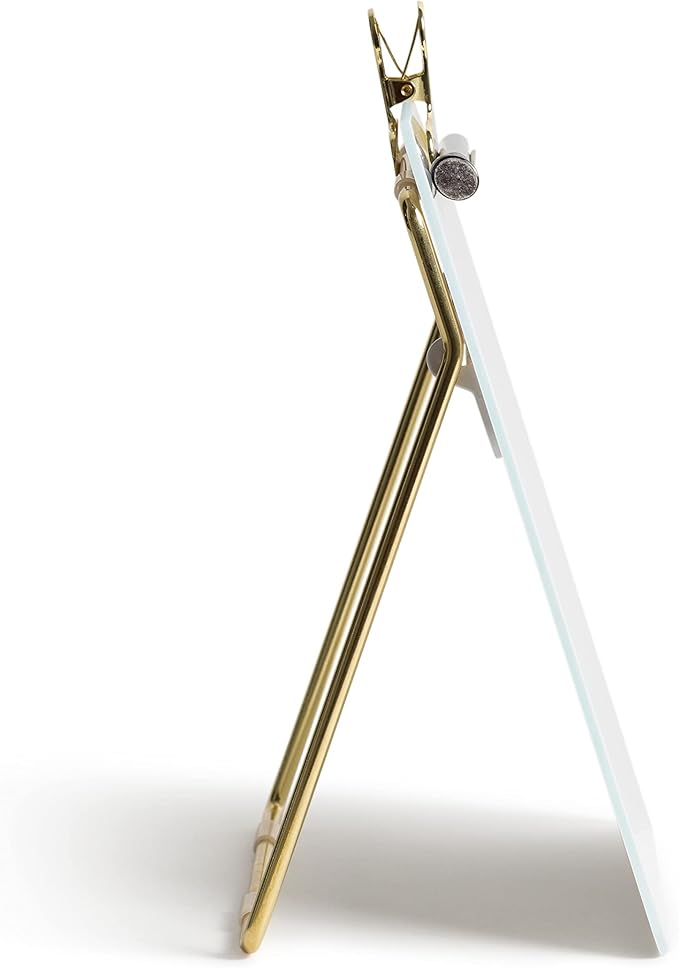 U Brands Desk Whiteboard Easel, Glass Dry Erase Board, Gold Wire Stand | A small white board and standing clipboard in one, with a marker whose cap is its own eraser and a clip that holds papers.