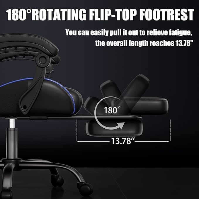 Gaming Chair, Ergonomic Office Computer Chair with Footrest and Lumbar Support Massager Racing Style High Back Video Gamer Chair, Wide＆Thick Cushion, 90°-135° Recline, Adjustable Height, Blue
