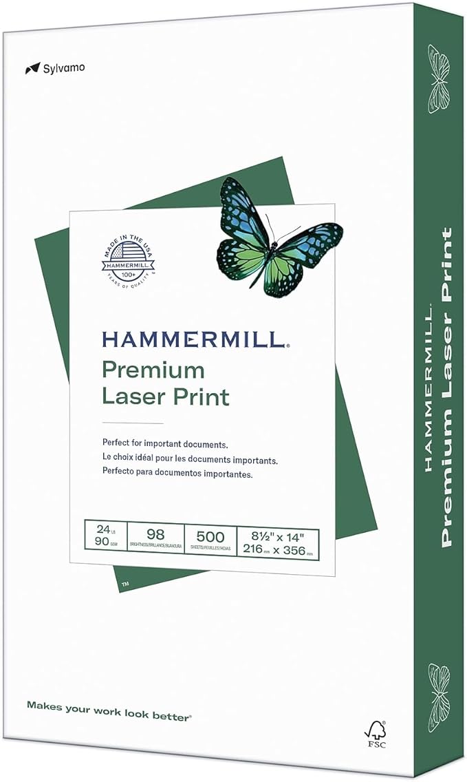 Hammermill Printer Paper,Premium Laser Print 24 lb,8.5 x 14-1 Ream (500 Sheets) - 98 Bright,Made in the USA,104612,(Pack of 10)