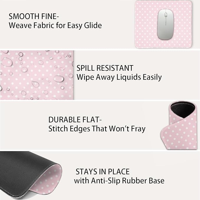 Mouse Pad for Desk with Stitched Edge, Premium Cute Washable Mouse Pads. Computer Mousepad with Non-Slip Rubber Base, Mousepads for Laptop, 9.25x7.75x0.12 inch (Pink Polka Dots)