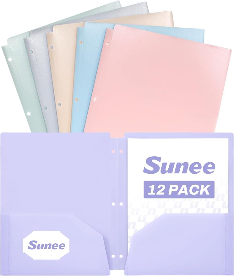 SUNEE 3 Hole Pocket Folders (12 Pack, Pastel Color) Plastic Pocket Folders for 3 Ring Binder, 3-Hole Punched Folders with Pockets, for Kids, Students, Teachers, Office Staff