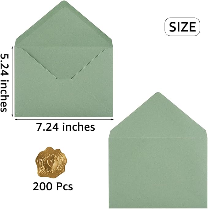 200 Pieces Sage-Green A7 Envelopes Greeting Card Envelopes 5.24 x 7.24 Inches for 5 x 7 Wedding Invitation Cards, Greeting Cards, Birthday Baby Shower Invitations