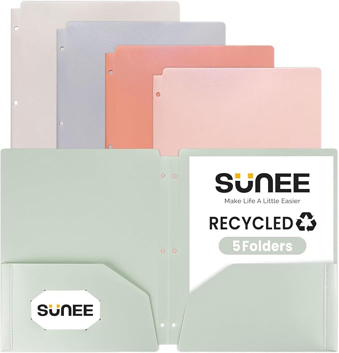 SUNEE 3-Hole Pocket Folders (5 Pack, Vintage Colors) - Recycled Plastic Folders for 3 Ring Binder, with Pockets for Kids, Students, Teachers, Office