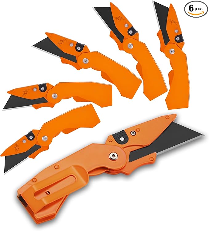 Lichamp 6-Pack Folding Utility Knife, Quick-Change Box Cutter with Razor Blades & Belt Clip, Portable Construction Tool for DIY, Outdoor & Warehouse Use, Orange