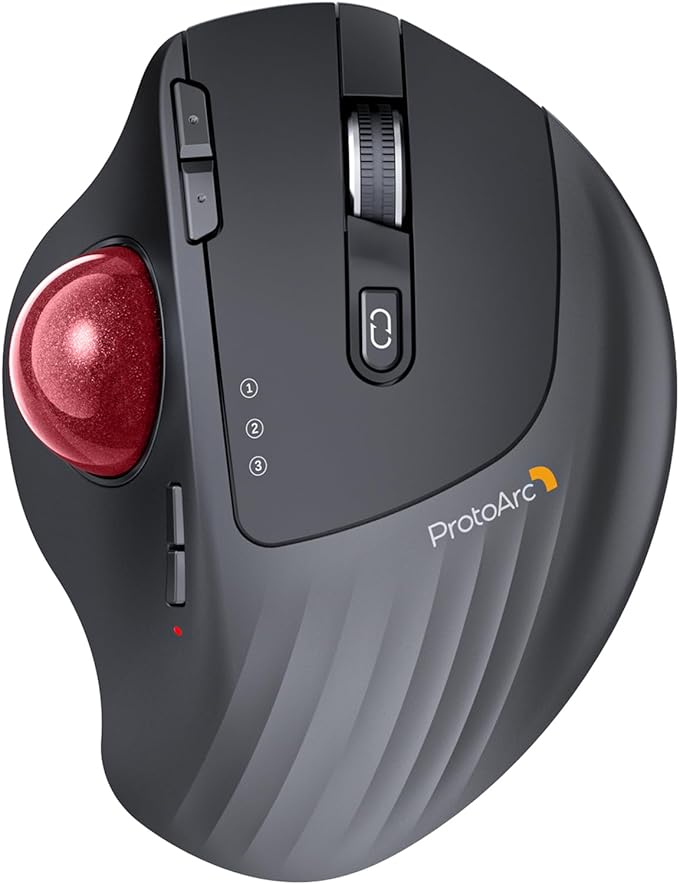 ProtoArc EM01 NL Wireless Trackball Mouse, Rechargeable Thumb Control, Red | 0/20° Adjustable Angle to Reduce Fatigue, Triple-Device Bluetooth & 2.4G USB-A for Office Use, Silent Click, Easy to Clean