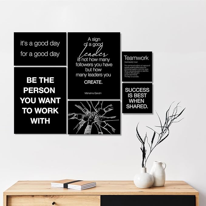YEOION Inspirational Office Wall Art for Women,Motivational Teamwork Wall Decor for Office,Black and White Postive Quote Workplace Canvas Wall Art for Set of 6