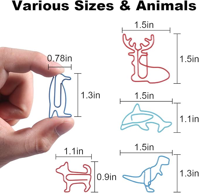 Animal Shaped Paper Clips 80-Count: 16 Cute Funny Paper Clips Assorted Colors - Rust-Resistant - Holds 50 Sheets Fun Office Supplies Bookmark Clips School Home