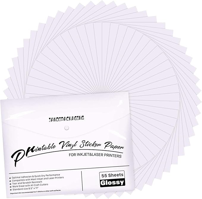 JANDJPACKAGING Premium Printable Vinyl Sticker Paper - for Inkjet and Laser Printer - 55 Pack Glossy White Waterproof Inkjet Printable Vinyl - Dries Quickly and Holds Ink Beautifully