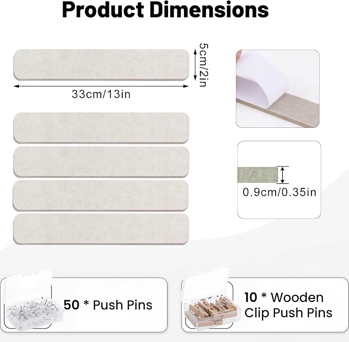 Thboxes 8 Pack Felt Bulletin Board Strips, 13x2 Inch Self Adhesive Felt Pin Boards with 50 Pushpins and 10 Wooden Clips Push Pins, Cork Board for Walls Home Office Decor(Oatmeal)