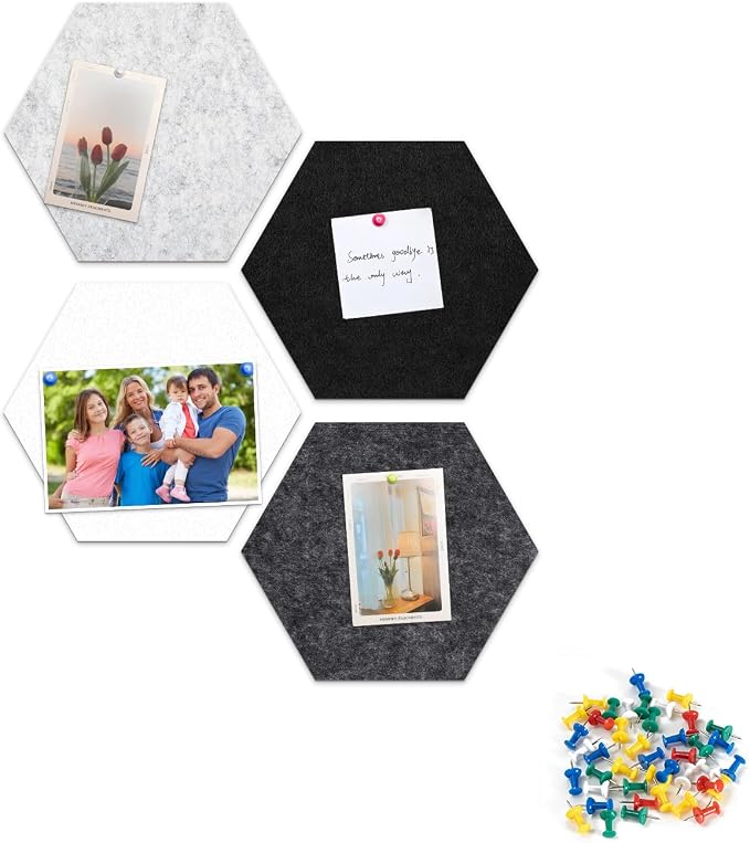 4 Pack Hexagon Felt Bulletin Board Tiles - 12" Large Thick Pin Board for Walls with 30 Push Pins, DIY Boards for Office Home School Decor, Aesthetic Hex Cork Board Alternative