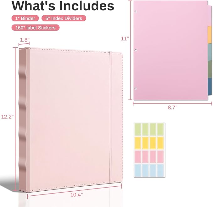 Pink 3 Ring 1 inch PU Leather Professional Binder Organizer with Dividers Suitable for 8.5 x 11 Letter Size Paper Cute Loose Leaf Binder with Pocket for School Work