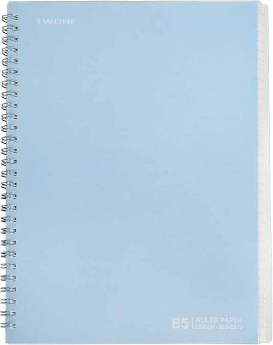 TWONE Spiral Notebook, 7"x10", 140 line Ruled Pages, Waterproof Frosted PP Cover, Blue, Ideal for School, Office, and Personal Use
