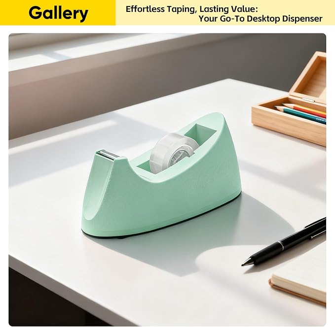 Heavy Duty One-Handed Weighted Office Tape Dispenser, Fits 1" Core, Green | 1.4 lbs Non-Slip Rubber Base, Smooth Cut Serrated Blade, Standard 1-Inch Clear Tape Roll Holder, Home Desktop Office Supplies