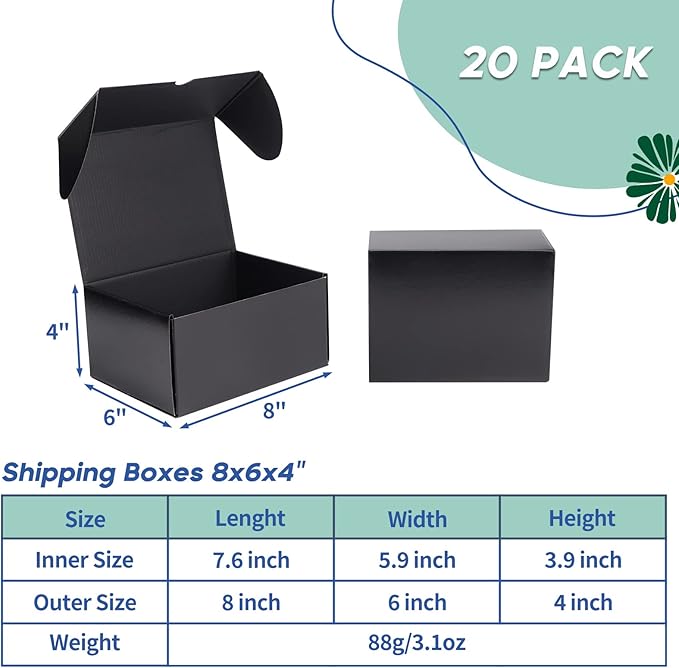 Rempry 8x6x4 Inches Black Shipping Boxes, 20 Pack Small Business Corrugated Cardboard Mailer for Shipping Packaging, Gifts Wrap Boxes with Lids