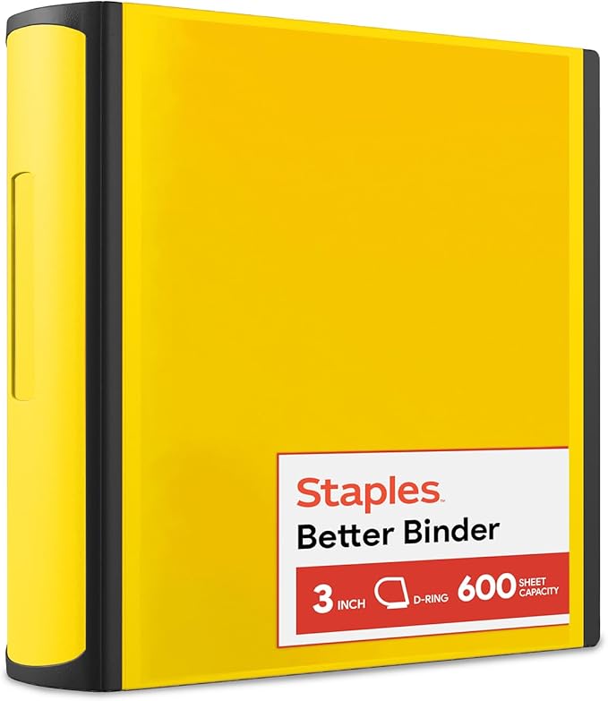 Staples Heavy-Duty 3-Inch D-Ring Binder, Yellow – Large Capacity 3-Ring Binder, Holds Up to 600 Sheets for School & Office