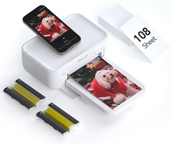 HPRT Photo Printer 4x6,+108Sheets&2ribbon,Instant Picture Printer for iPhone, Android, Smartphone,Portable Photo Printers for Home Use,Thermal Dye-Sublimation, AR Video Printing（White）