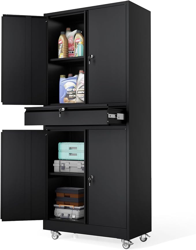 VINGLI Metal Storage Cabinet with 4 Doors and Drawer, 71" Tall Steel Lockable File Cabinet, Garage Storage Cabinet with Wheels and Locks (Black)