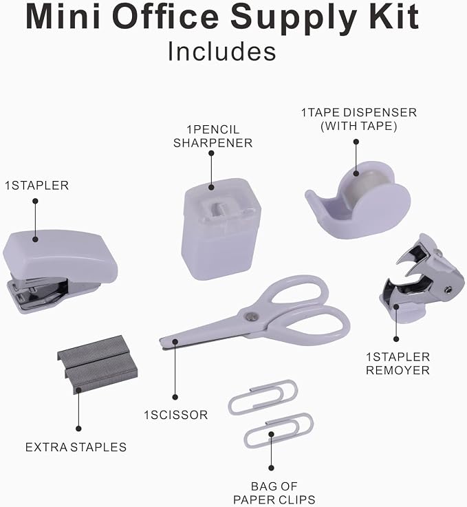 Mini Office Supply Kits Small Stapler for Student Office (White) | Includes Mini Stapler,Scissors, Staple Remover, Staples, Tape Dispenser for Gift (White)