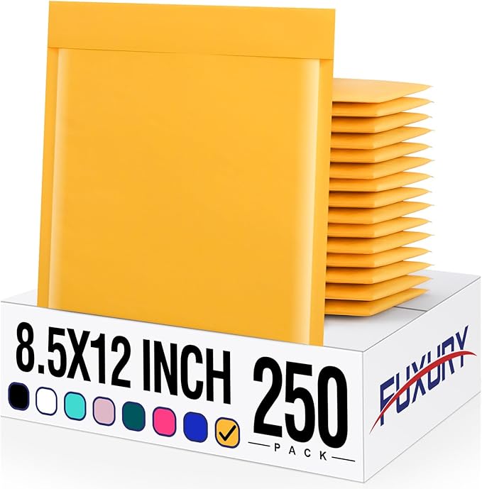 Fuxury Kraft Bubble Mailers 8.5x12 Inch 250 Pack, Strong Adhesion Padded Envelopes Bulk #2,Self Seal Bubble Envelopes, Padded Mailer, Book Mailers Packaging for Small Business,Yellow