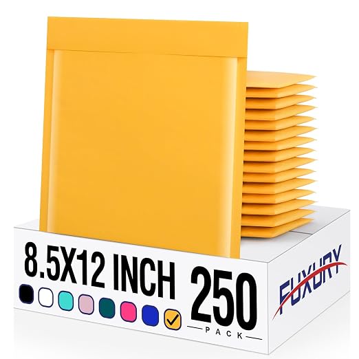 Fuxury Kraft Bubble Mailers 8.5x12" 250 Pack Self Seal Padded Envelopes #2 | Usable Size 8.5x11" Bubble Envelopes Strong Adhesion Padded Mailers, Book Mailers Packaging for Small Business,Yellow Bulk